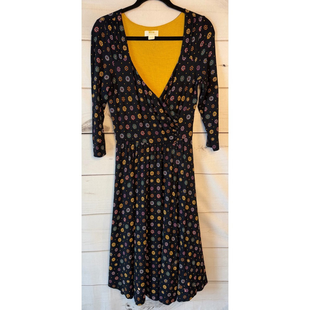 Maeve Anthropologie Floral Medallion Wrap Dress Black Multi Medium 3/4 Sleeve